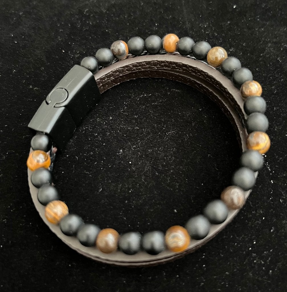 Armband Leer met Natuursteen Geel/Bruin met Grijs -NIEUW-, Sieraden, Tassen en Uiterlijk, Armbanden, Met bedels of kralen, Overige kleuren
