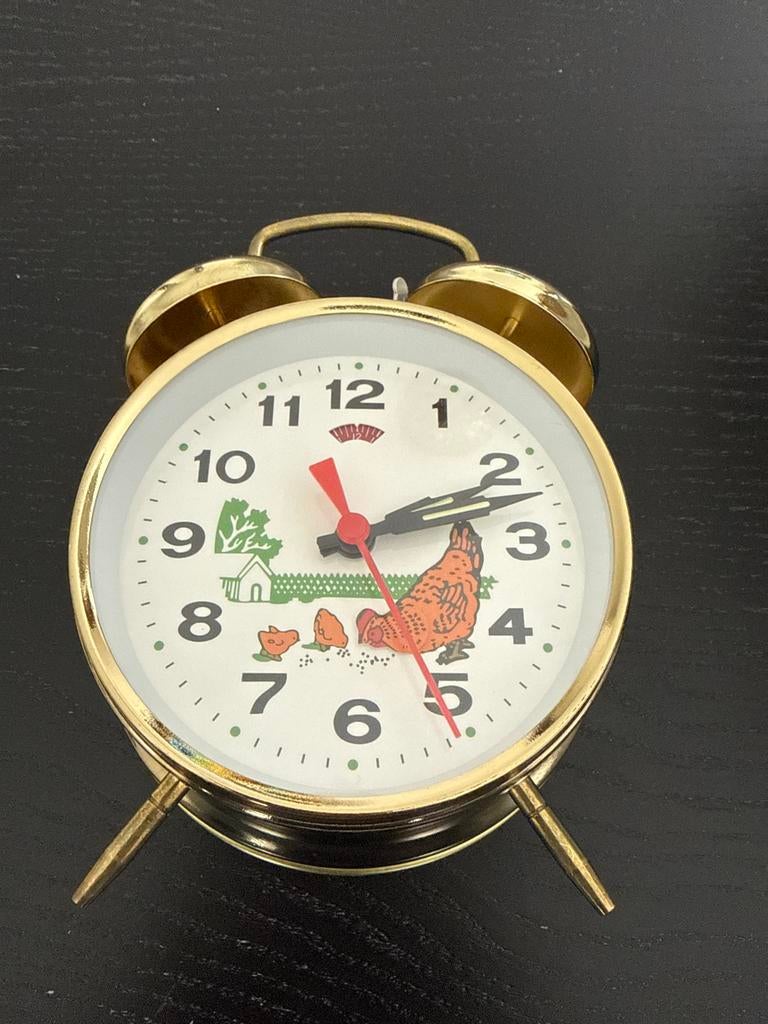 Vintage Wekker met Kip en Kuikens - Goudkleurig, Ophalen of Verzenden, Gebruikt, Analoog, Wekker of Tafelklok