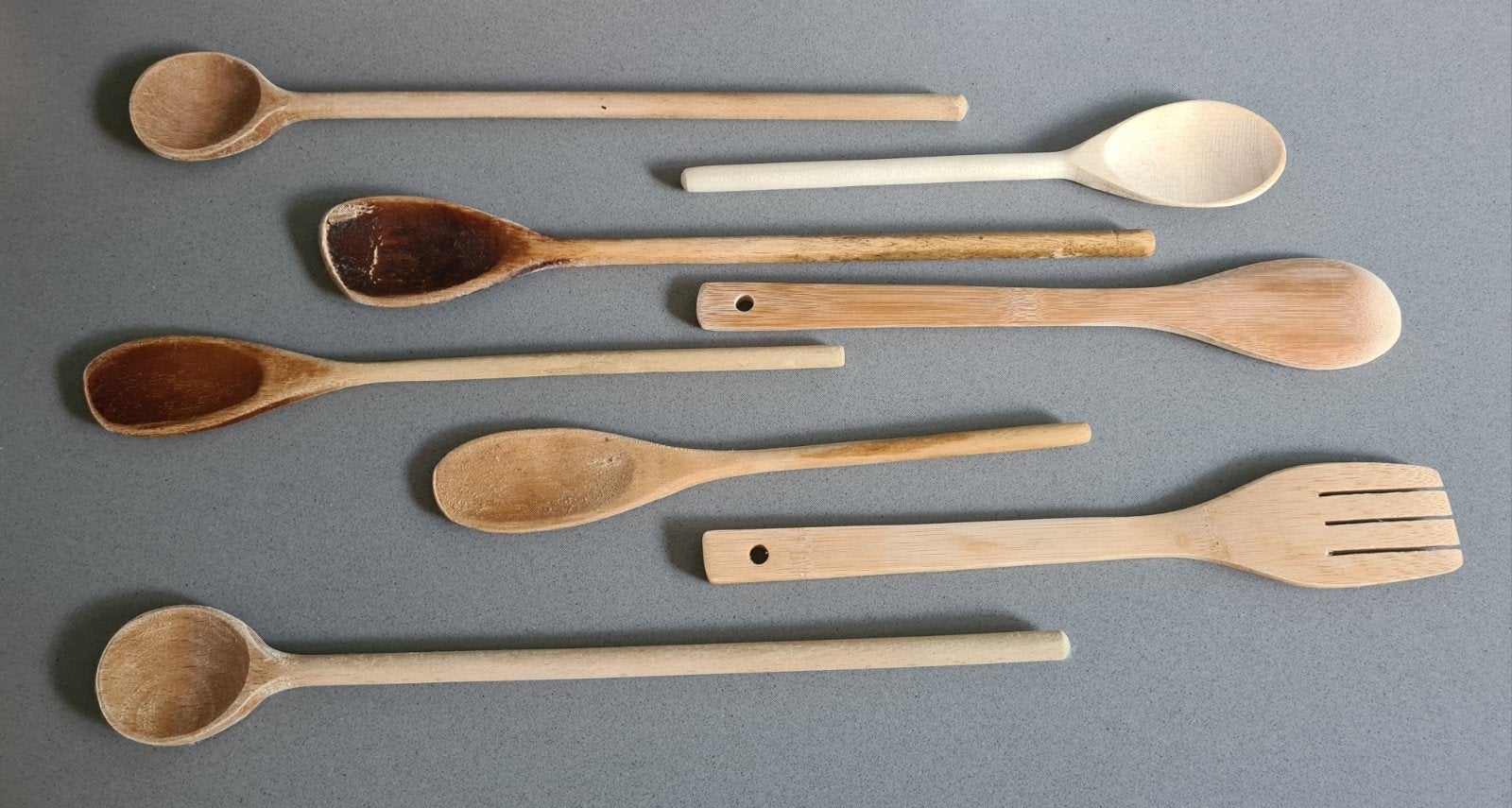 8 x diverse nieuw zgan + gebruikte spatels lepels koken hout, Ophalen of Verzenden, Zo goed als nieuw, Hout, Los bestek