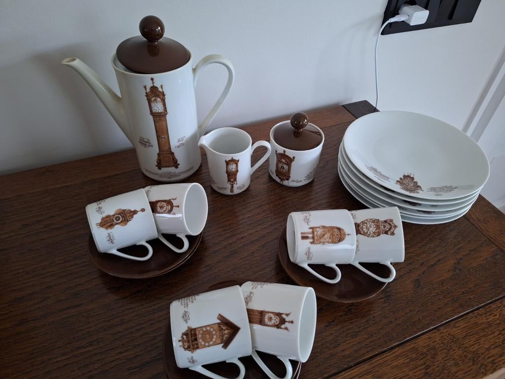Vintage zes delig koffieservies met klokmotief, Ophalen of Verzenden