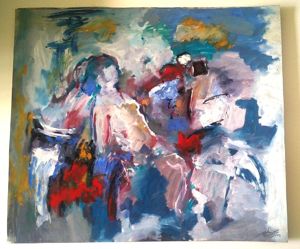 Figuren in abstract '89 - Jelle Hoogstra 1924-2003, Gouache, Portret of Personen, Expressionistisch, Ophalen of Verzenden