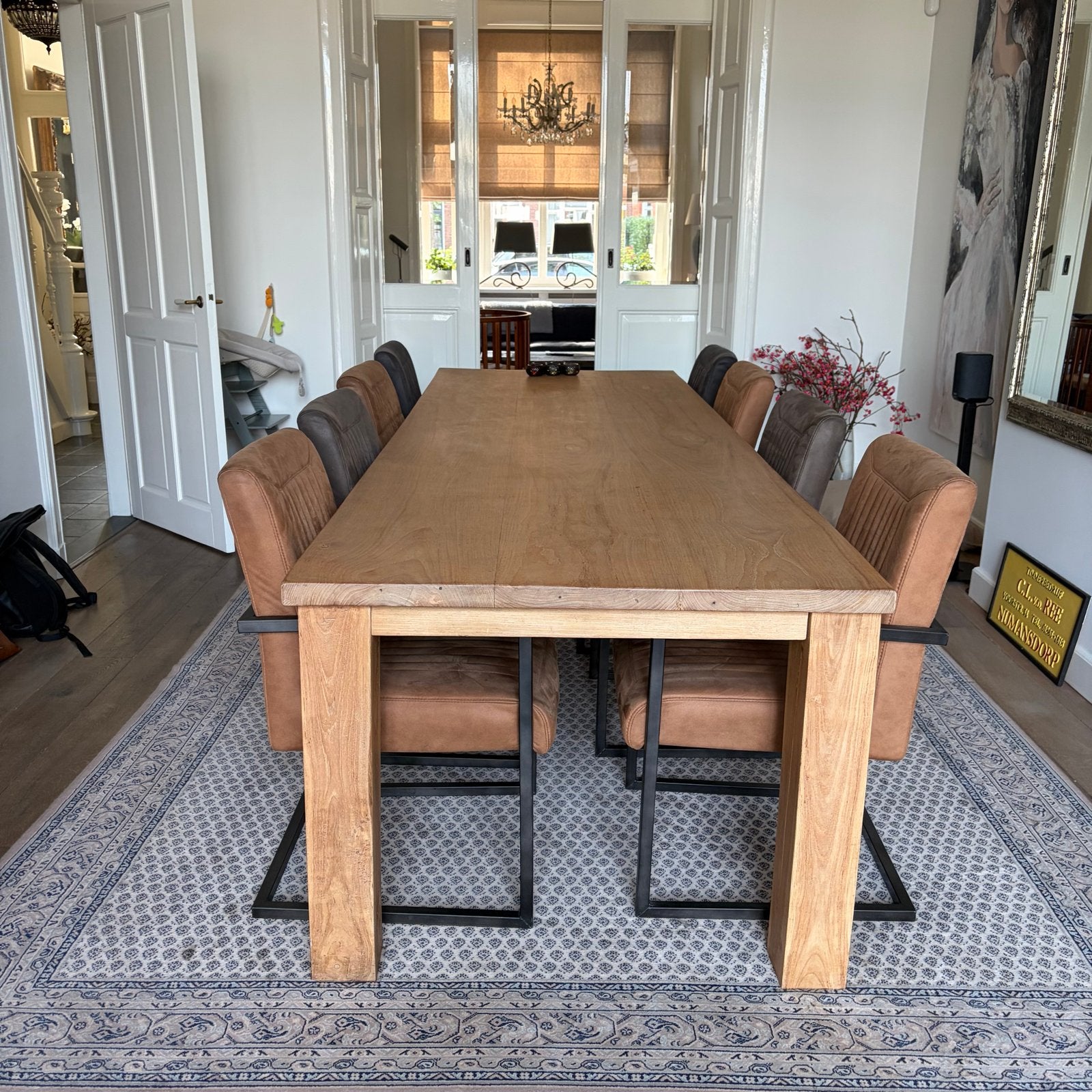 Houten Teak eettafel met 8 stoelen, Huis en Inrichting, Ophalen, 200 cm of meer, Zo goed als nieuw, Vijf personen of meer