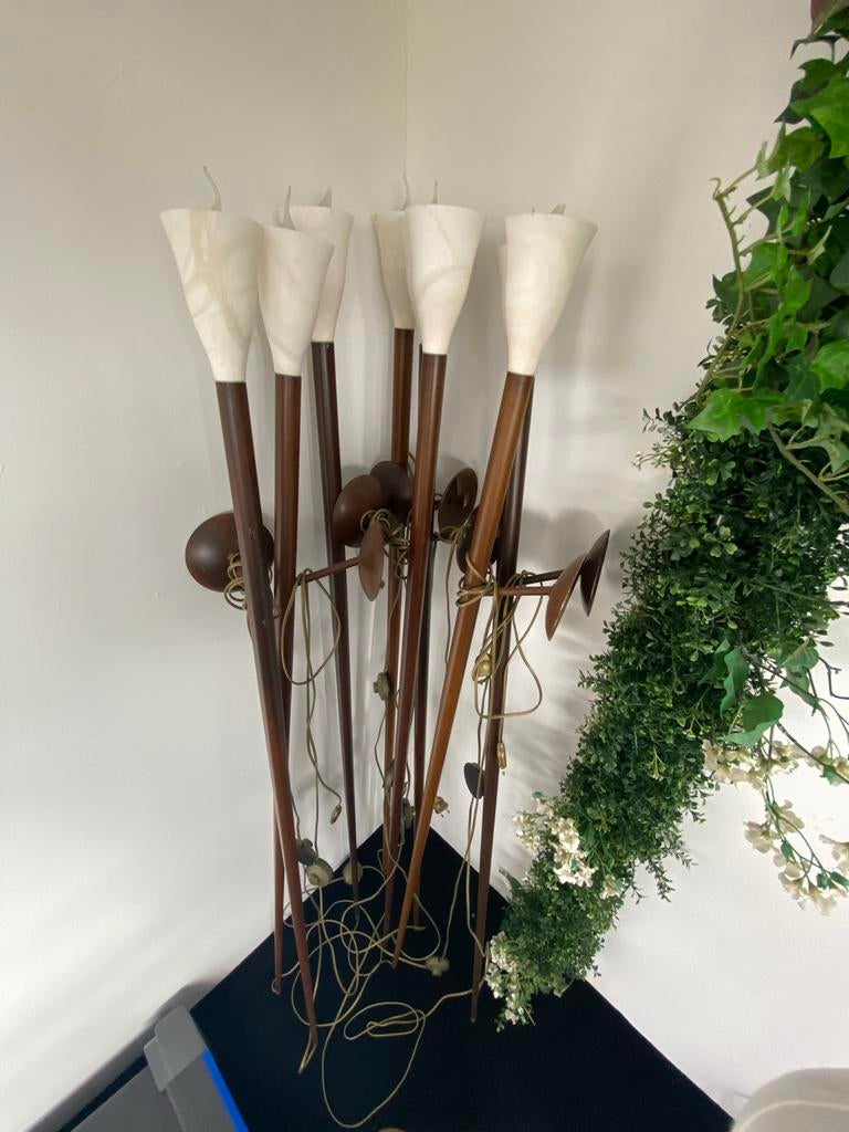 Set van 8 mediterrane stalen wandlampen fakkel / toorts, Huis en Inrichting, Lampen | Wandlampen, Ophalen, Zo goed als nieuw, Glas