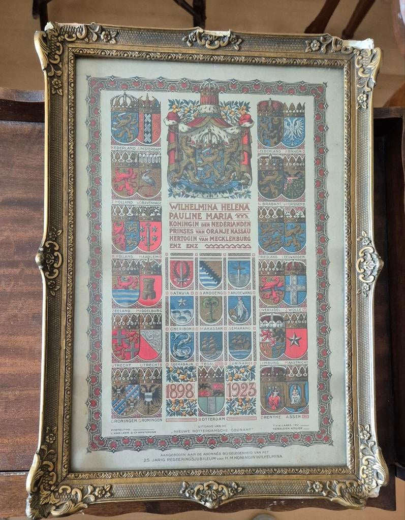 Jubileumprent Koningin Wilhelmina (1923) in lijst, Ophalen of Verzenden, Gebruikt, Kaart, Foto of Prent