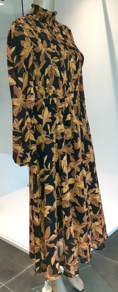 Midi jurk bruin gele bloemen Camaïeu S 36, Bruin, Nieuw, Ophalen of Verzenden, Maat 36 (S)