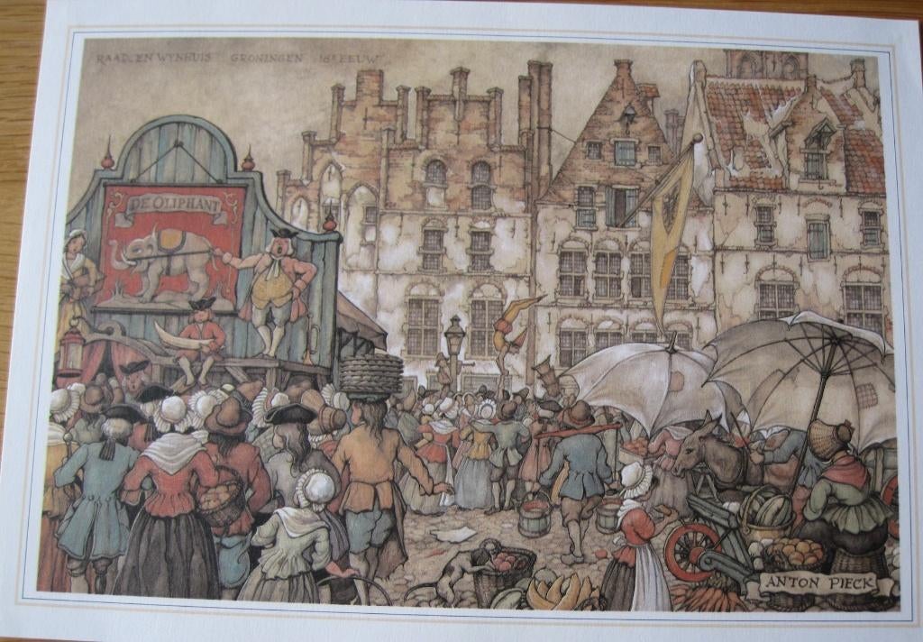 Anton Pieck prent van het Raad en Wijnhuis in Groningen, 1980 tot heden, Ophalen of Verzenden, Zo goed als nieuw, Prent