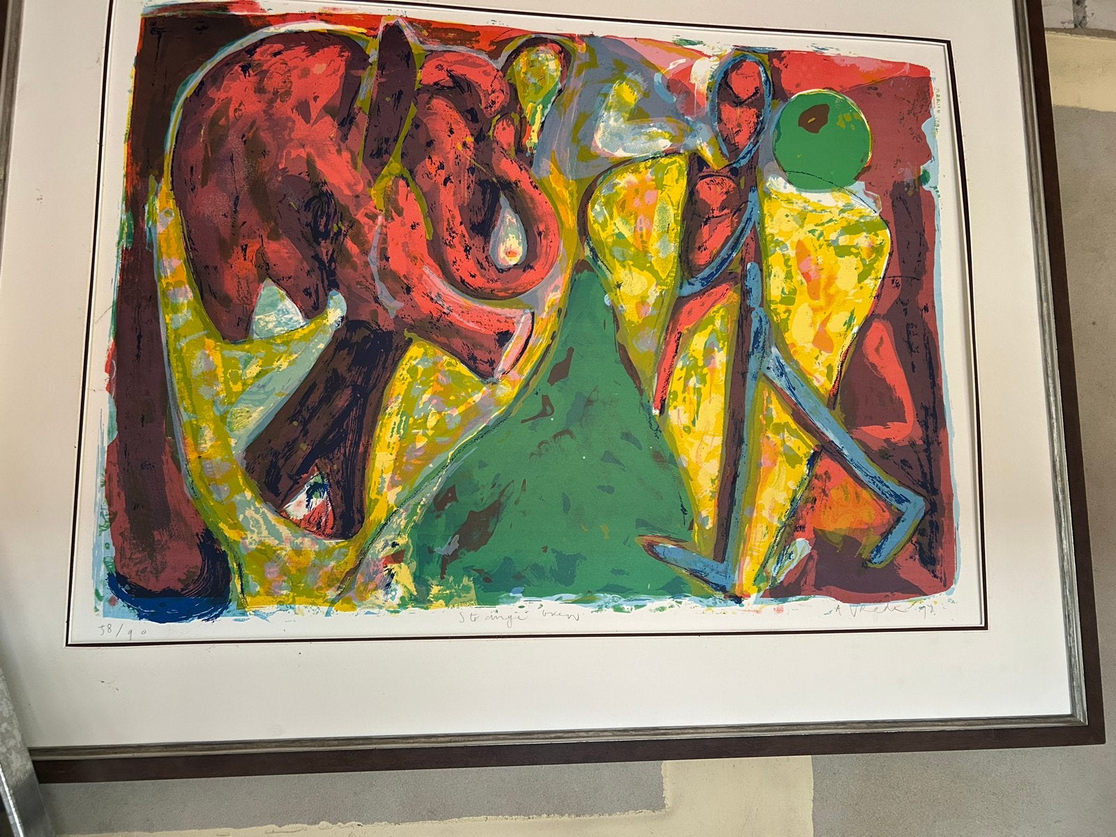 Abstract Schilderij: Kleurrijke Compositie met Figuren, Antiek en Kunst, Kunst | Schilderijen | Klassiek, Ophalen, Abstract, Gesigneerd