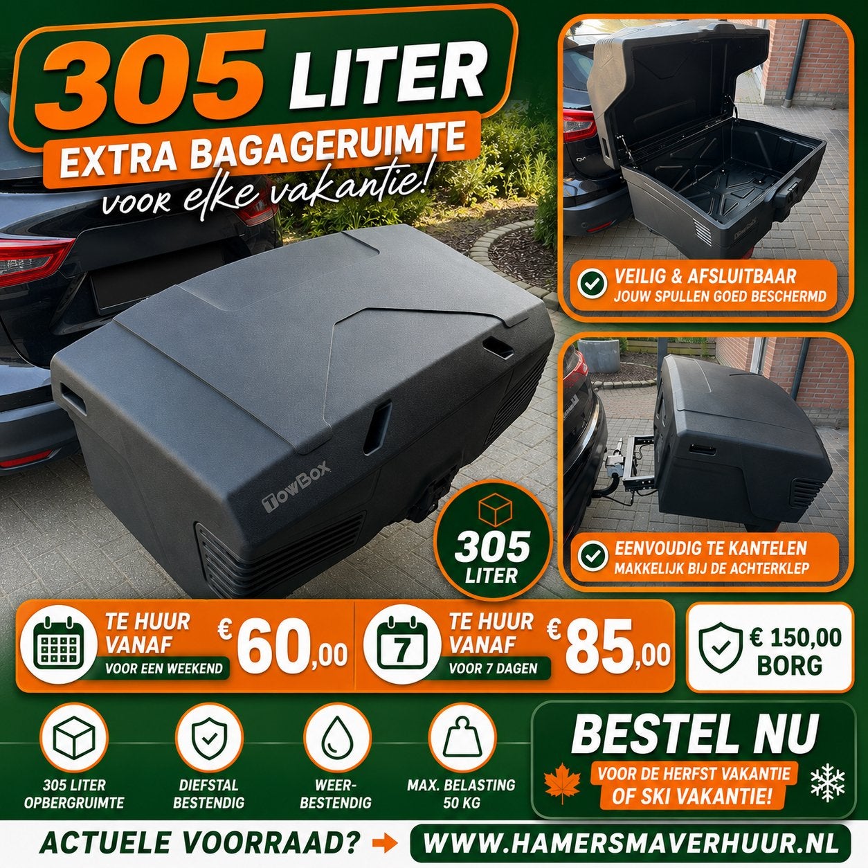 Vakantie ? Te huur: Bagage trekhaak koffer | 305 Liter, Auto diversen, Ophalen, Zo goed als nieuw