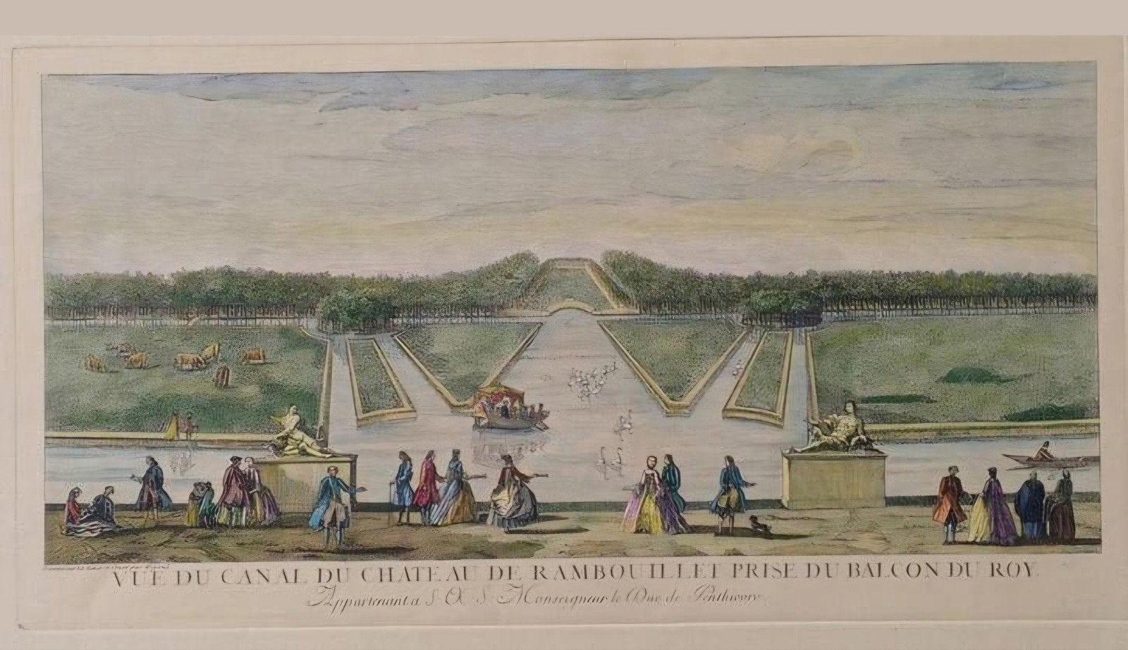 18e Eeuwse Handgekleurde Gravure Kasteel Rambouillet, Antiek en Kunst, Kunst | Etsen en Gravures, Ophalen of Verzenden