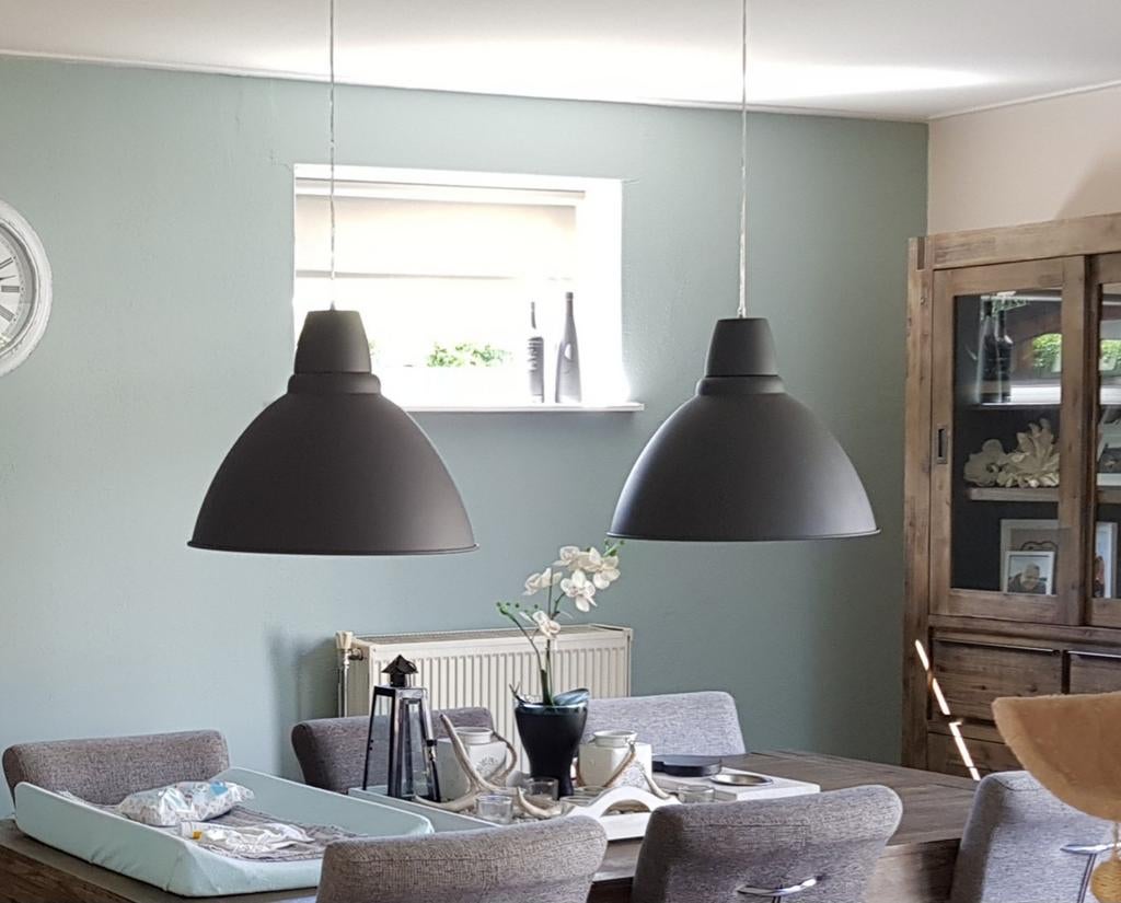 Set van 2 industriële eettafel lampen, antraciet/wit, Huis en Inrichting, Lampen | Hanglampen, Ophalen, Gebruikt, 50 tot 75 cm