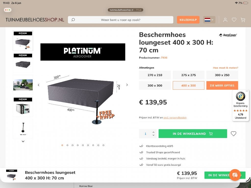 Aerocover beschermhoes loungeset 400 x 300  H:70 cm, Ophalen of Verzenden, Zo goed als nieuw