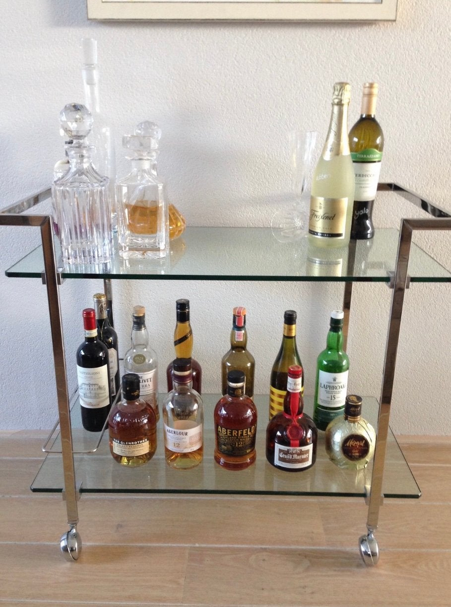 Stijlvolle serveerwagen/barcart van chroom en glas, Huis en Inrichting, Ophalen, Gebruikt