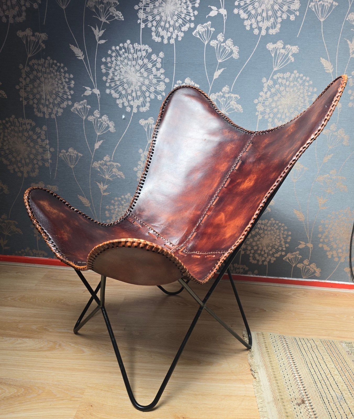 Leren vlinderstoel met metalen frame, Ophalen, Gebruikt, Bruin, Modern, Industrieel, Bohemian