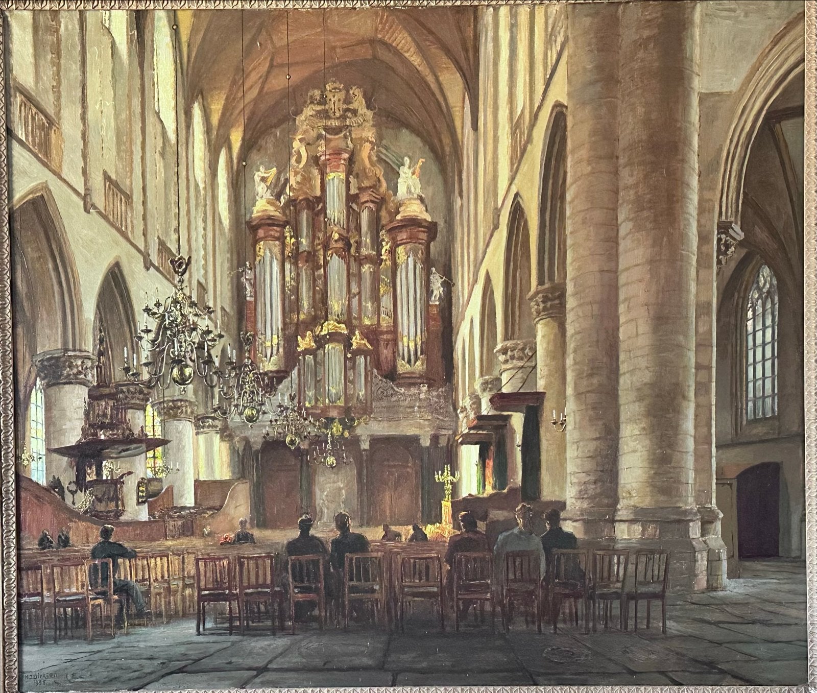 Groote of St Bavokerk te Haarlem, 109 x 89 cm olieverf., Antiek en Kunst, Ophalen, Gedateerd, Doek, Realistisch