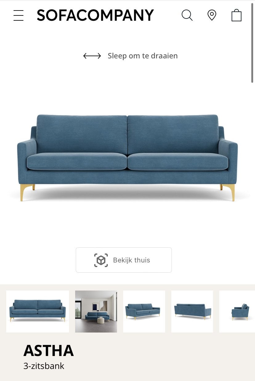 SOFACOMPANY ASTHA 3-zitsbank Velour Lux Shadow Blue, Ophalen, Gebruikt, Driepersoons, 75 tot 100 cm