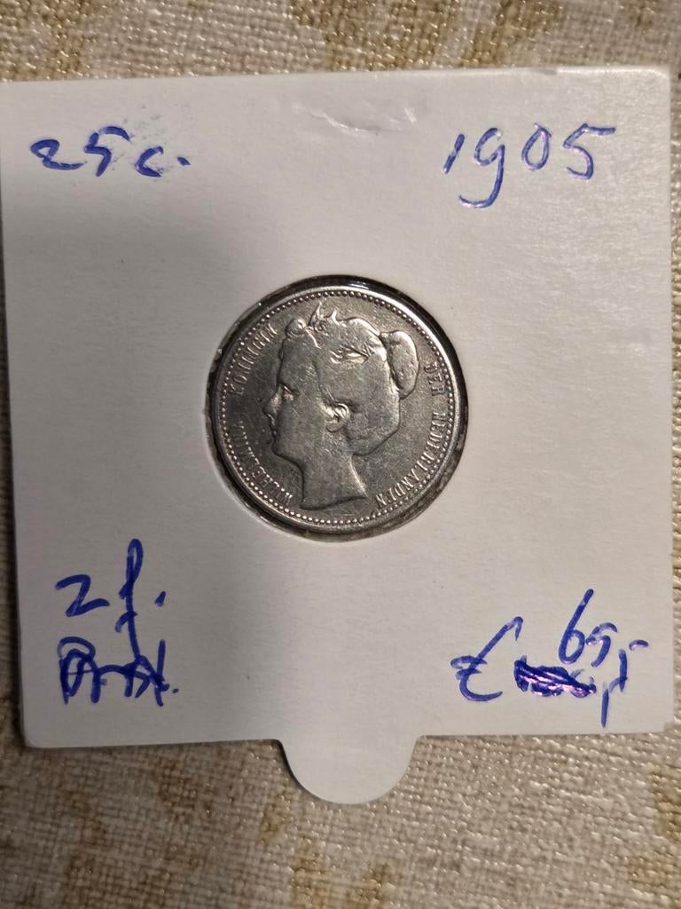 Zilveren 25 cent munt Koningin Wilhelmina 1905, Postzegels en Munten, Munten | Nederland, Zilver, 25 cent, Ophalen of Verzenden