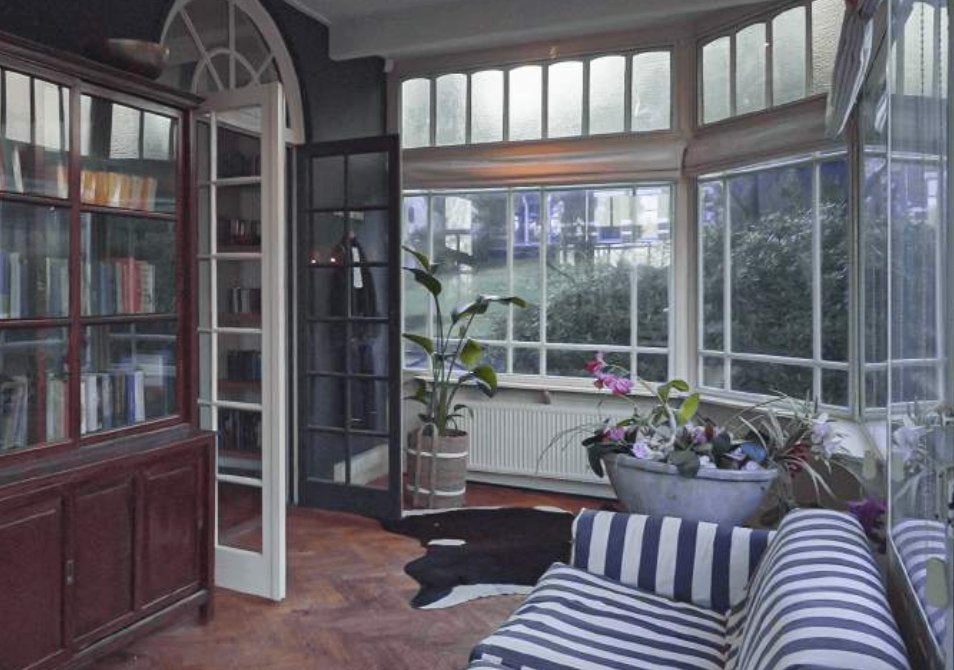 Prachtige Jan des Bouvrie bank in wit/blauw, Huis en Inrichting, Banken | Bankstellen, Ophalen, Gebruikt, 300 cm of meer, 75 tot 100 cm