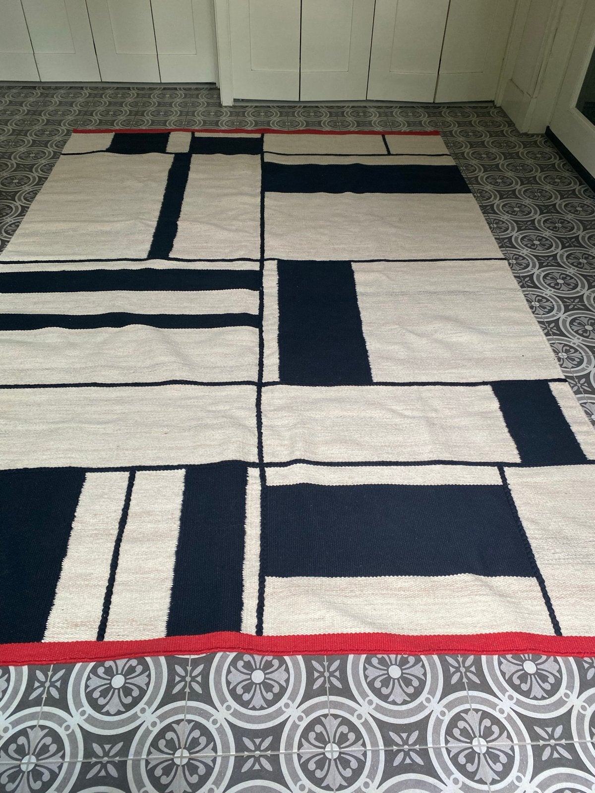 IKEA RASTPLATS Vloerkleed - Zwart/Wit Geometrisch Patroon, Ophalen, Zwart, 150 tot 200 cm, Rechthoekig