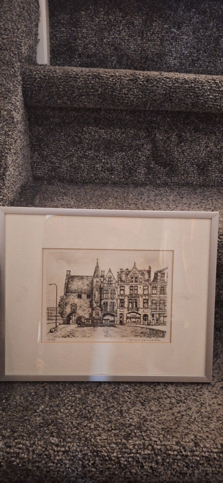 Ingelijste pentekening van historische gebouwen, Ophalen of Verzenden, Tekening, Pentekening, Ingelijst