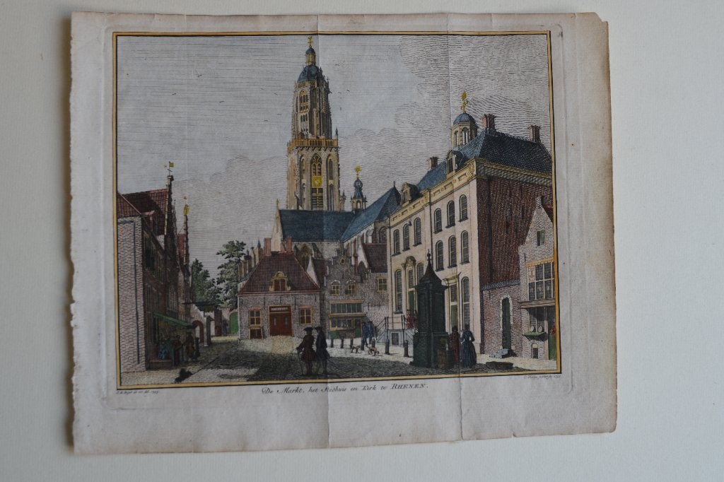 RHENEN MARKT 1753 Originele handgekleurde kopergravure E49, Gesigneerd, Stadsgezicht, Ophalen of Verzenden, Gravure