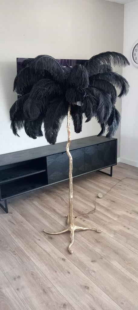 Luxe Vloerlamp met Zwarte Struisvogelveren, Ophalen, Luxe, Glamour, Modern, Overige materialen, Zo goed als nieuw