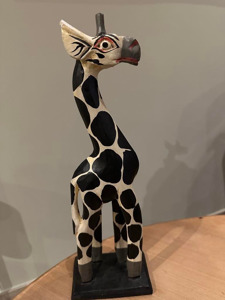 Houten Giraffe Beeld - Zwart-Wit Decoratie 40 cm hoog, Verzamelen, Beelden en Beeldjes, Ophalen of Verzenden, Gebruikt, Dier