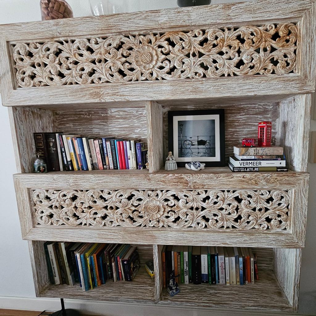 Houten Woonkast met Sierlijk Snijwerk, Ophalen, 100 tot 150 cm, Rustiek, Bohemian, Landelijk, 150 tot 200 cm