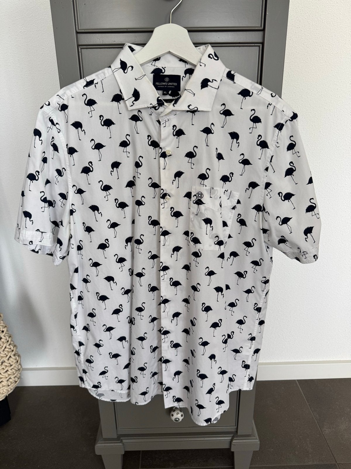 Fellows United overhemd korte mouw - Flamingo print - XL, Ophalen of Verzenden, Gedragen, Wit, Halswijdte 43/44 (XL)