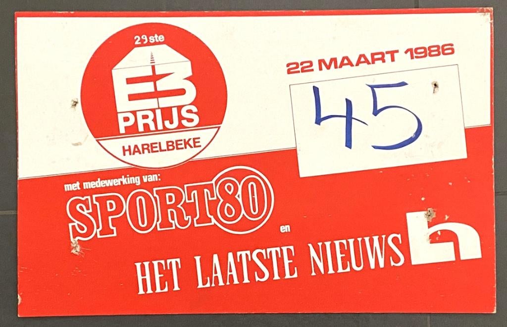 Wielrennen autobord 29e E3 PRIJS HARELBEKE – 1986 – no 45, Ophalen of Verzenden, Gebruikt, Overige typen