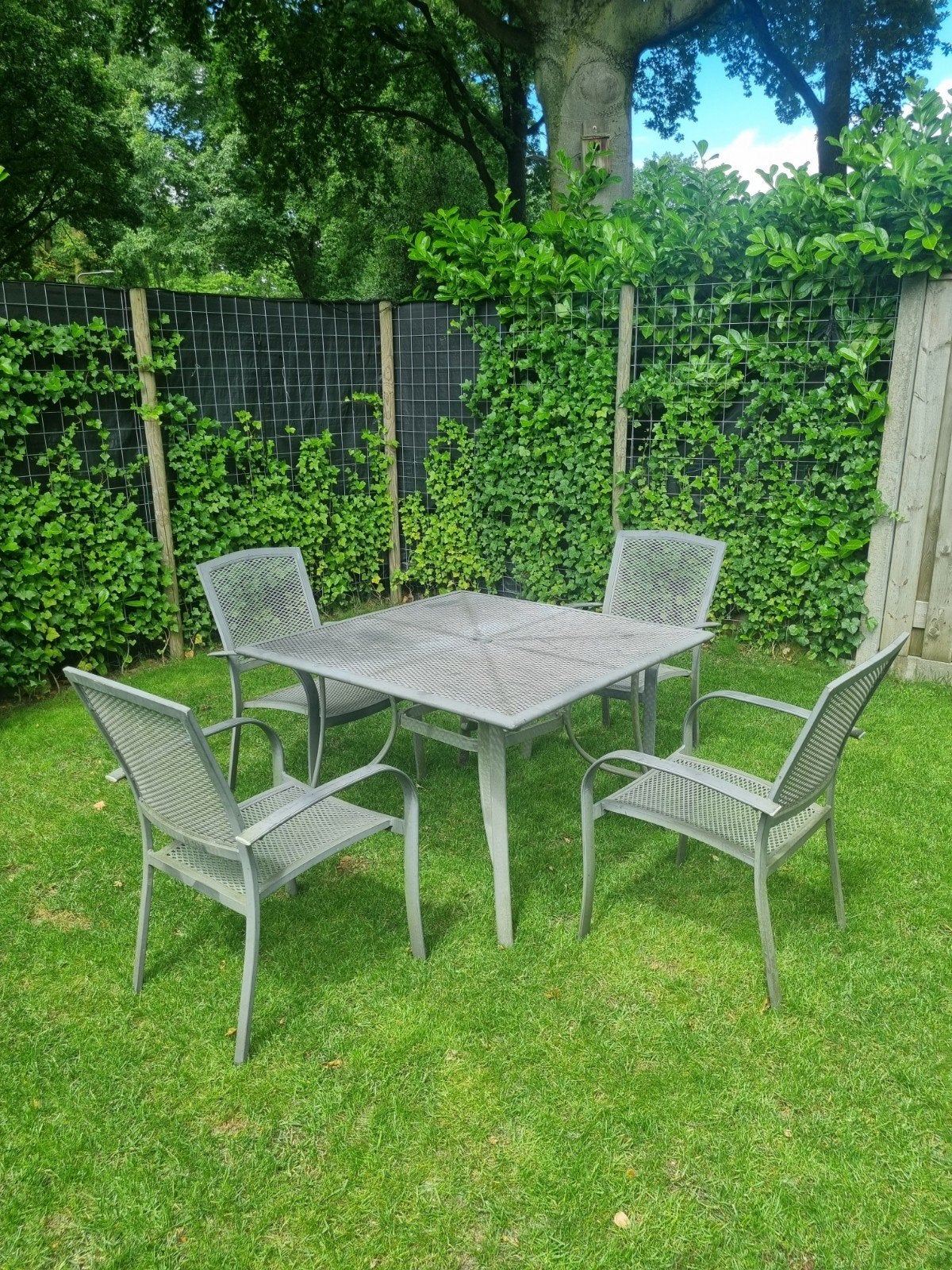 Tuinset stoelen + tafel 110x110cm met parasolgat, Ophalen, Overige materialen, Gebruikt, Eettafel