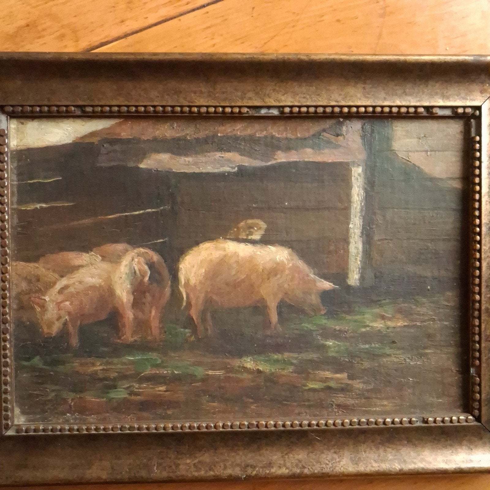 Antiek Schilderij Varkens Olieverf Johannes Abraham Mondt, Paneel, Verzenden, Olieverf, Gesigneerd