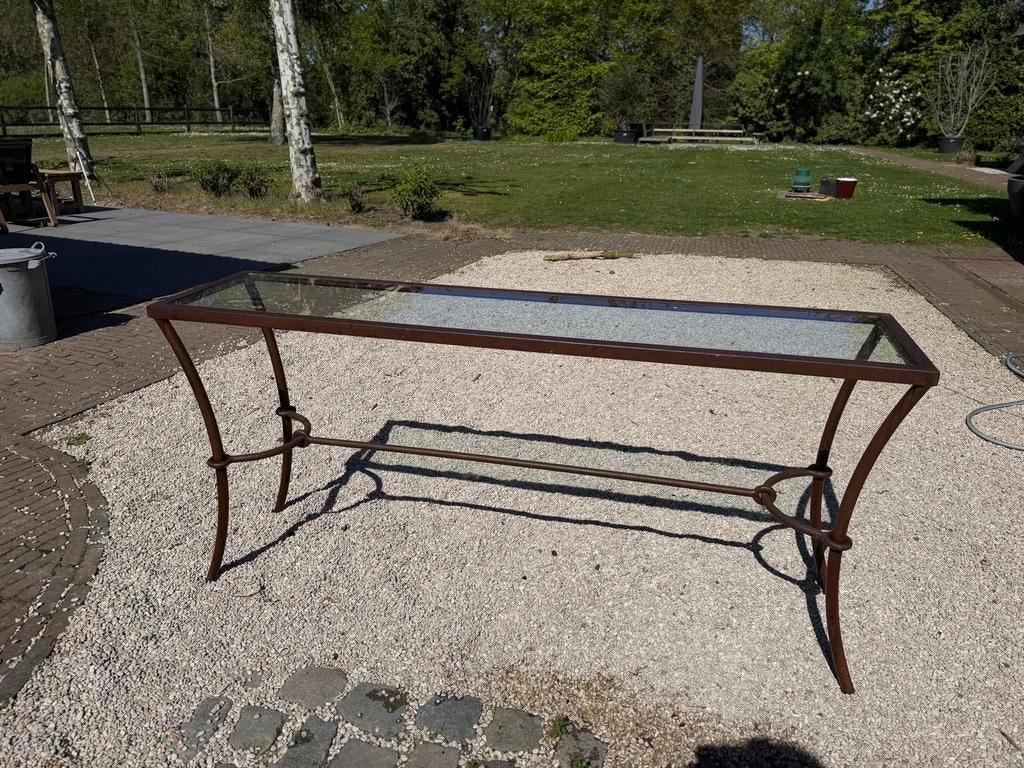 Vintage Messing en Glazen Consoletafel Jaren '60/'70 Stijl, Huis en Inrichting, Tafels | Sidetables, Gebruikt, 25 tot 50 cm, 100 tot 150 cm