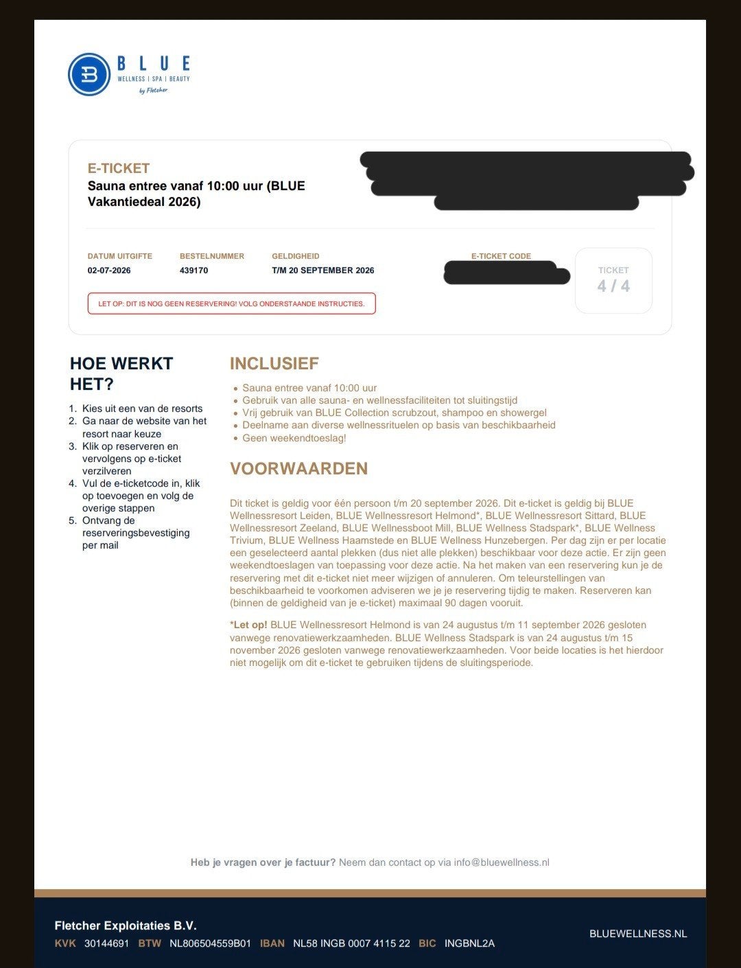 1 Entreeticket Blue Wellness, Tickets en Kaartjes, Eén persoon, Ticket of Toegangskaart