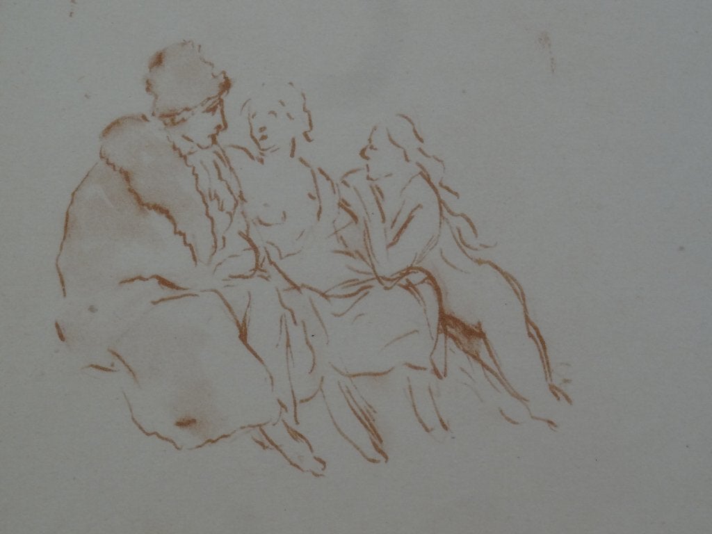 Vier lithos van drie zittende vrouwen, koe en vioolspeler, Antiek en Kunst, Kunst | Litho's en Zeefdrukken, Origineel, Ophalen of Verzenden