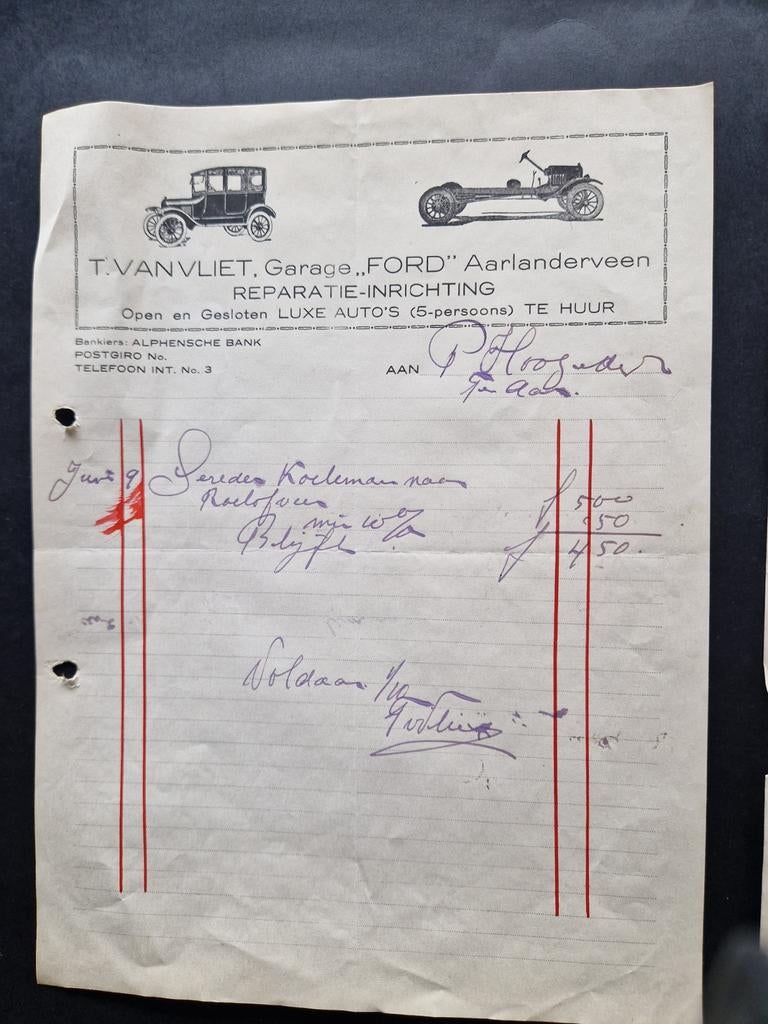 2 Oude Ford Dealer Rekeningen - Historisch Document, Ophalen of Verzenden, Gelezen, Ford
