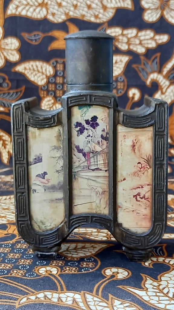 Verbronst tin en glas antieke Chinese theebus 17,7 cm., Meerkleurig, China, Ophalen of Verzenden, Gemerkt