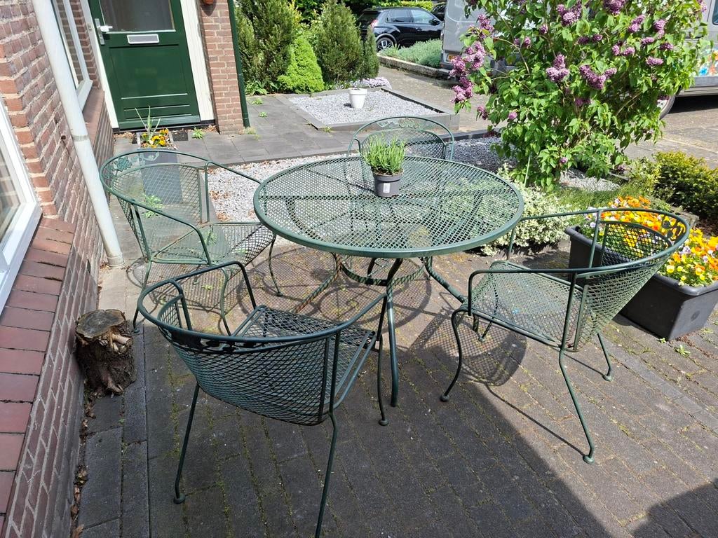 Metalen tuinset groen - 4 stoelen en ronde tafel, Ophalen, Gebruikt, Tuinset, Eettafel