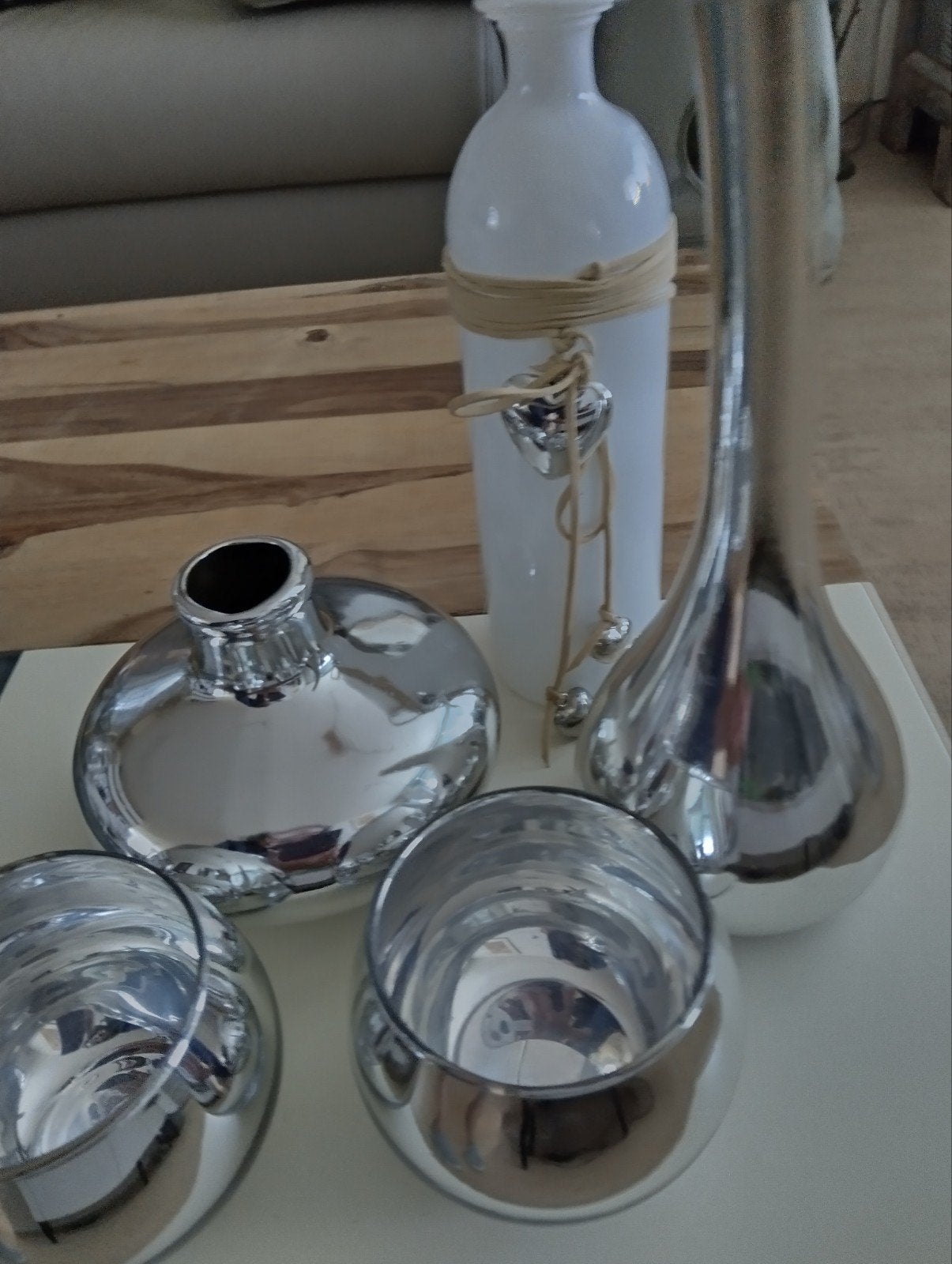 Set van 3 vazen en 2 waxinelichthouders, Gebruikt, Ophalen of Verzenden, Glas, Geschikt voor droogbloemen