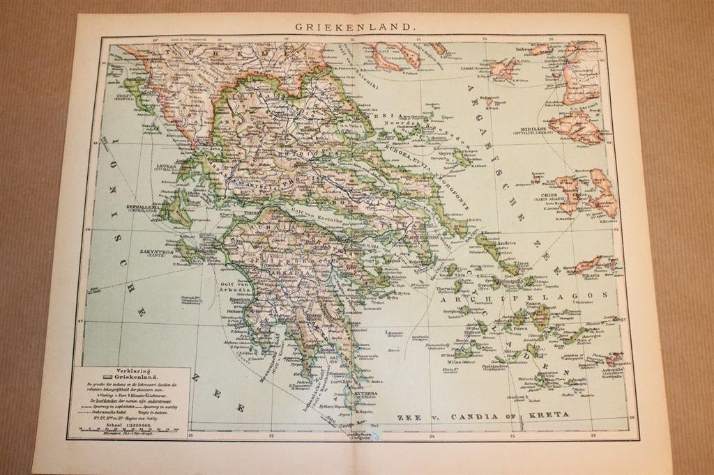 Antieke kaart - Griekenland - Circa 1900, Boeken, Atlassen en Landkaarten, 1800 tot 2000, Europa Overig, Ophalen of Verzenden