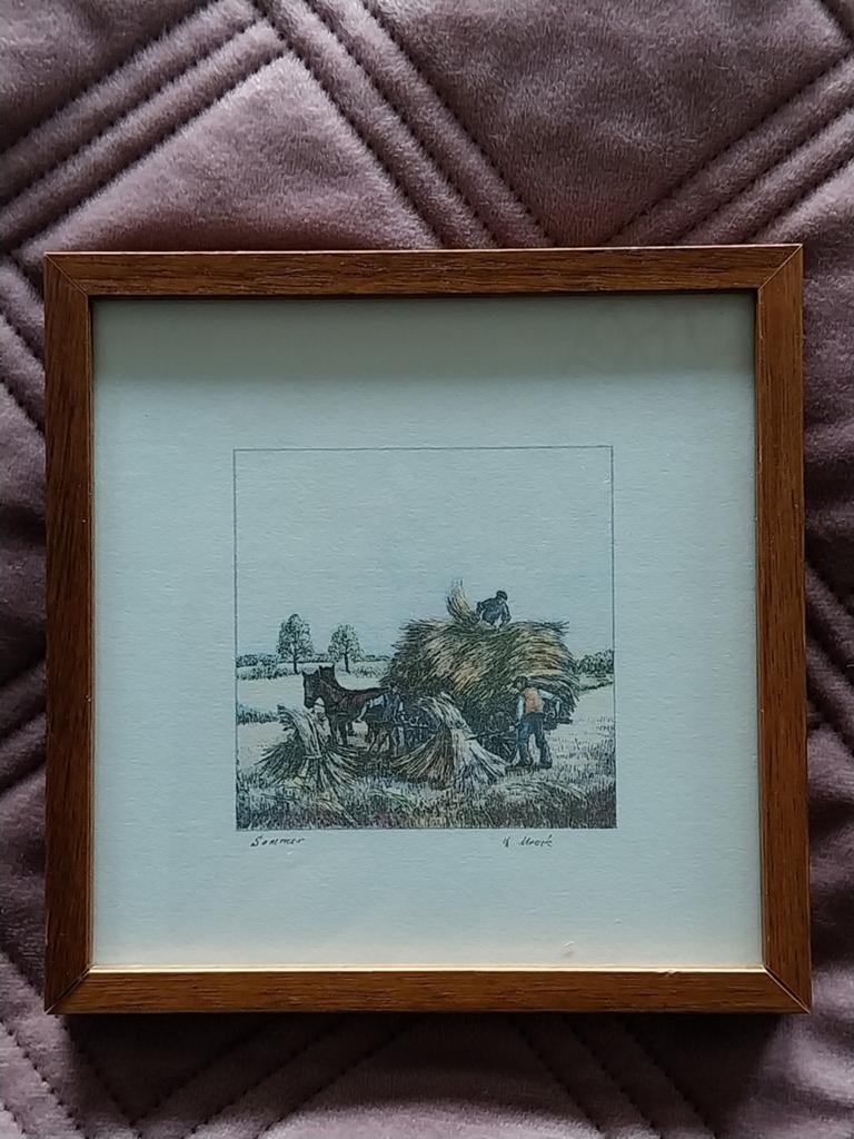 Zomerse oogsttafereel - ingelijste ets, Dagelijks leven, Ingelijst, Ophalen of Verzenden, 1950 - 1999
