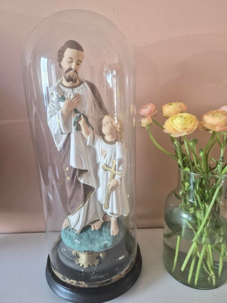 Prachtig Vintage Sint Jozefbeeld met Jezus in Glazen Stolp, Ophalen