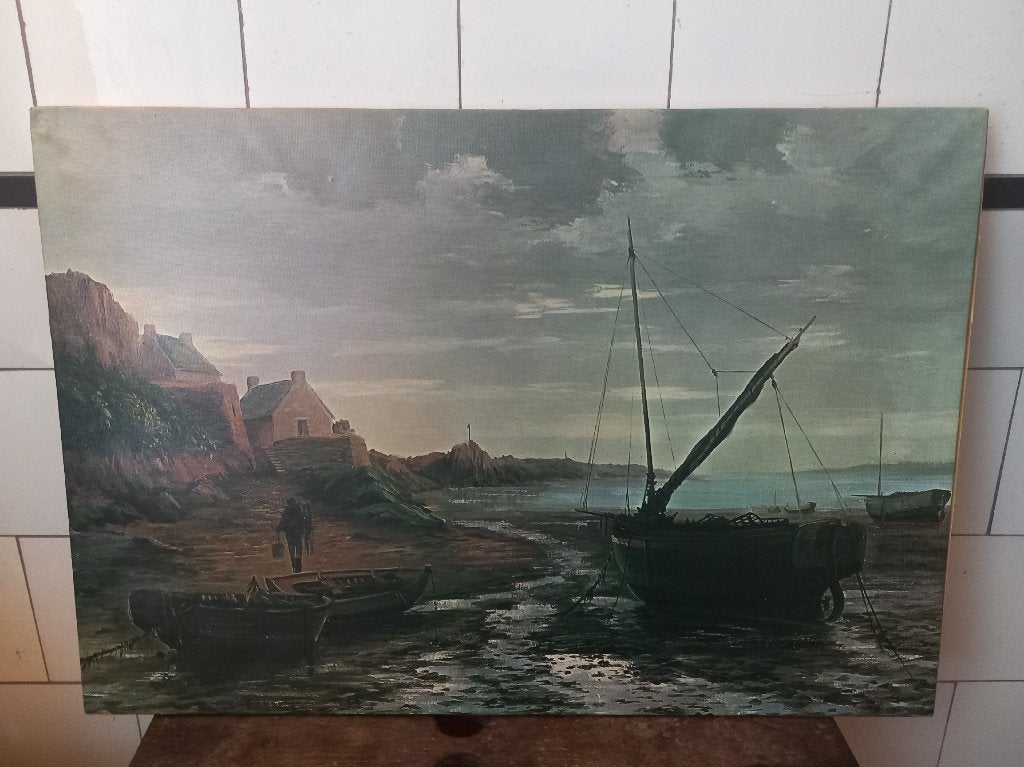 vintage prent, schilderij zeevaart schepen, Frankrijk, groot, Antiek en Kunst, Ophalen of Verzenden