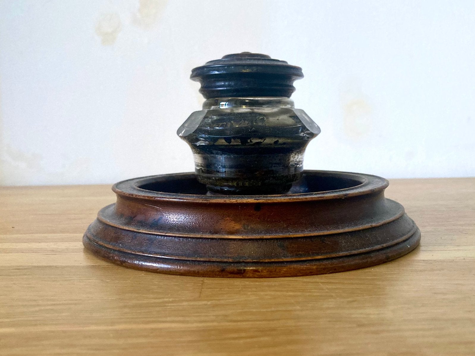 Oude inktpot (glas met hout), Ophalen of Verzenden