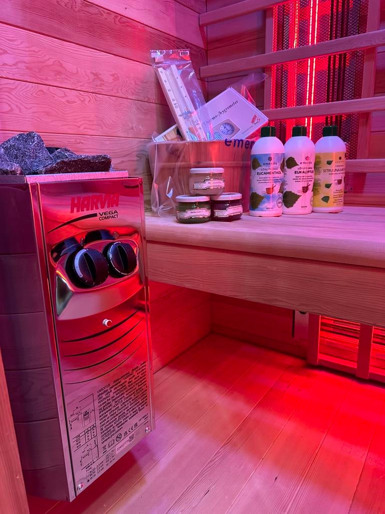 COMBI SAUNA INFRAROOD MET OPGIETKACHEL GRATIS BEZORGD! 🚚, Ophalen of Verzenden, Zo goed als nieuw, Complete sauna