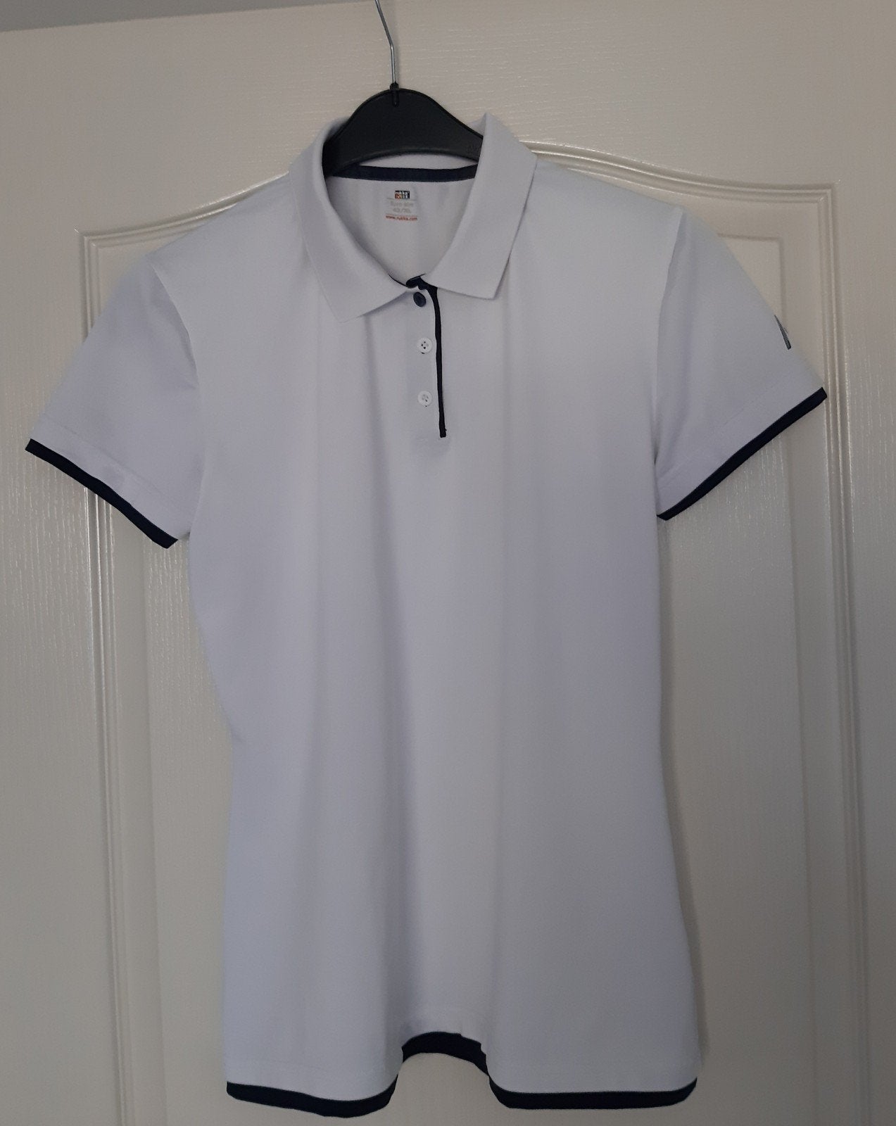 Wit Poloshirt met Korte Mouwen en Donkerblauwe Details, Maat 38/40 (M), Wit, Ophalen of Verzenden, Korte mouw