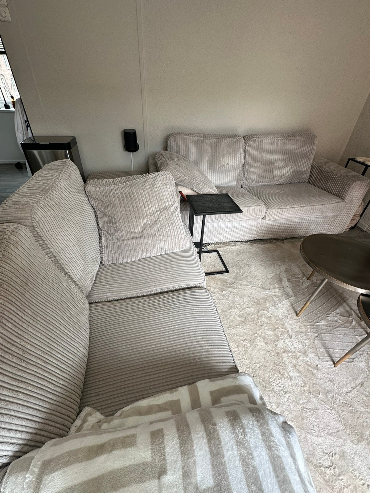 Ribstof beige banken + hocker, Ophalen, 75 tot 100 cm, Zo goed als nieuw, Rechte bank