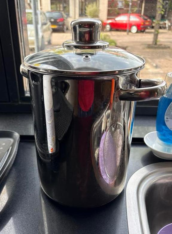 Aspergepan met glazen deksel en inzet, Ophalen of Verzenden, Gebruikt, Rvs, Kookpan of Snelkookpan