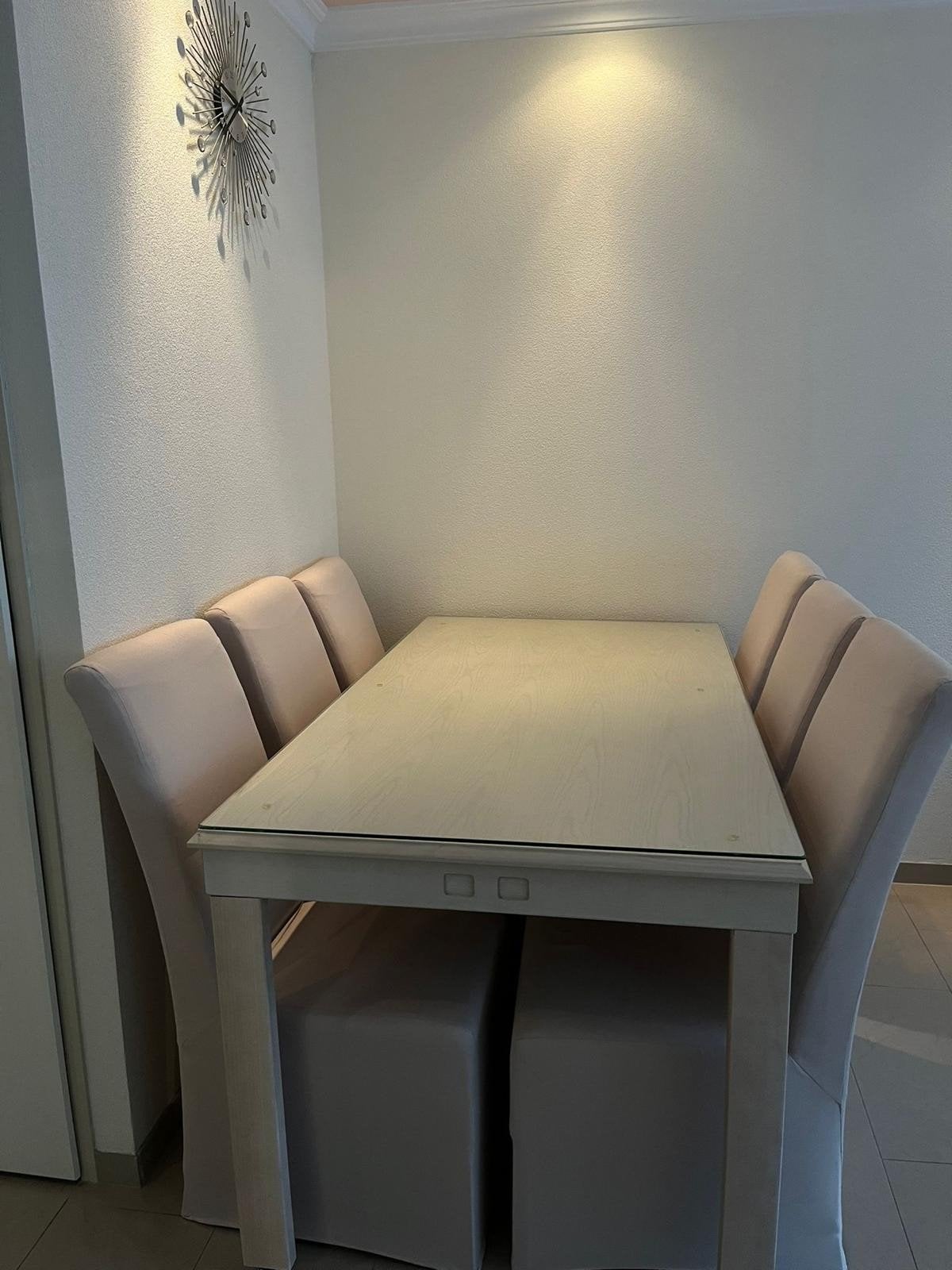 Uitschuifbare eettafel met 6 stoelen - Beige Hout, Huis en Inrichting, Tafels | Eettafels, Ophalen