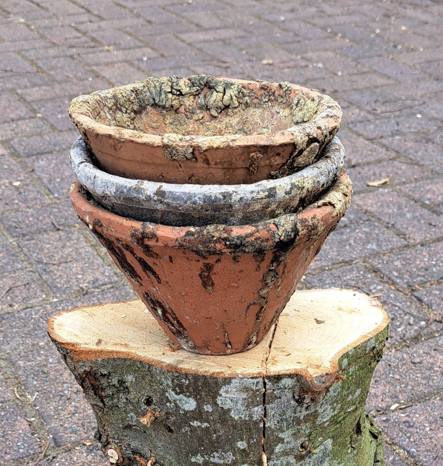 3 gebruikte harspotten, Tuin en Terras, Bloempotten, Ophalen, Gebruikt, Rond, Terracotta