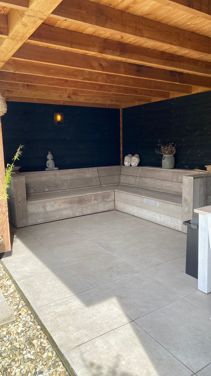 Grote hoekbank van steigerhout, Tuin en Terras, Tuinbanken, Gebruikt, Hout, Ophalen